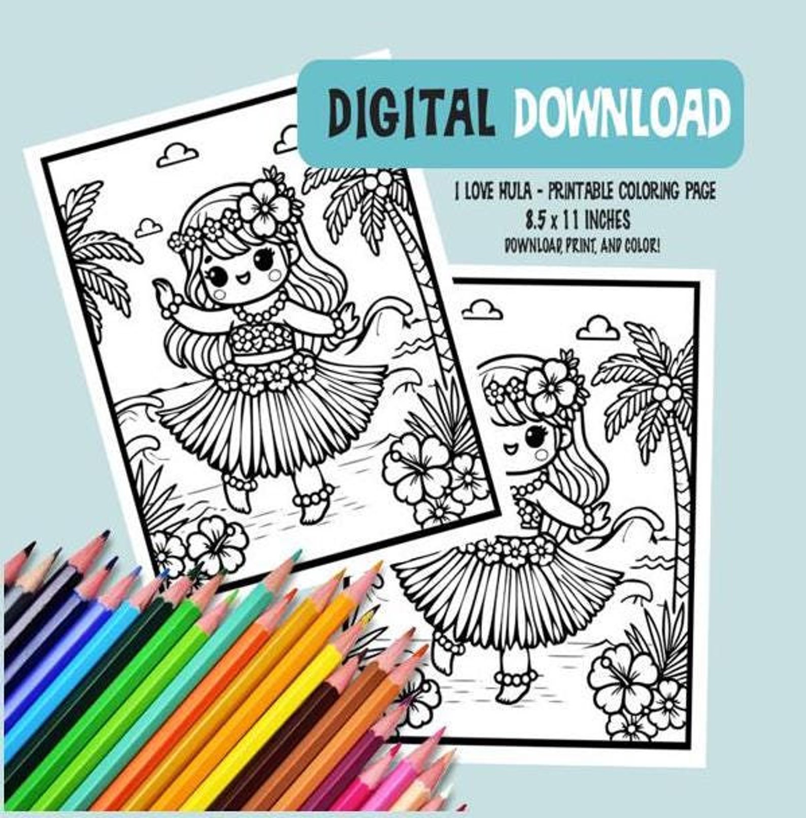 Hawaiian Hula Girl Coloring Page Kawaii Style | Coloring Page Digital ...