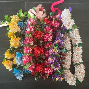 Red Ribbon Deluxe Lei With Yellow Accent Wooden and Kukui Nut Bead ...