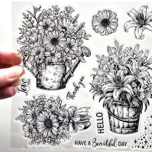 Tampons transparents BOUQUET DE FLEURS Plantes en pot Estampage caoutchouc Scrapbooking Fabrication de cartes Plante d'intérieur Lys Jardin Arrosoir Artisanat