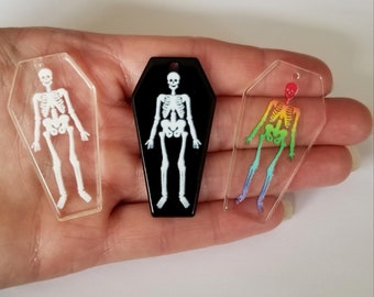 3 Acrylic Craft Pendants SKELETON COFFIN Halloween Charm Jewellery Card Making White Rainbow