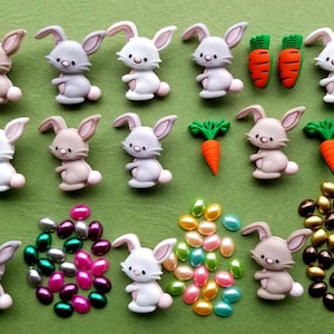 BUNNY RABBIT Buttons & Tiny Easter Egg Cabochons Carrot Crop Sewing Card Making Supplies Crafts Spring Brown Grey White Bunnies Rabbits Farm