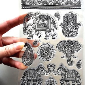 クリアスタンプ マンダラ 象 花 ハムサ ハンドラバースタンプ カード作り スクラップブッキング ペーパーインク クラフト スピリチュアルな保護 宗教