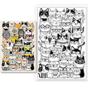 Clear Stamp HAPPY CATS BACKGROUND Cute Cat Rubber Stamping Card Making Scrapbooking Journal Kitten Glasses Spectacles Paper Ink Crafting