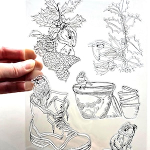 Large Clear Stamps ROBIN HOLLY MOUSE Winter Garden Bird Rubber Stamping Scrapbooking Journal Bird Mice Plant Pot Leaf Lace up Boot Pine Cone