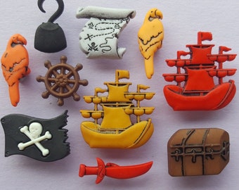 BG PIRATES Ship Wheel Flag Sword Map Parrot Hook Cornwall Novelty Craft Buttons Sewing Card Making