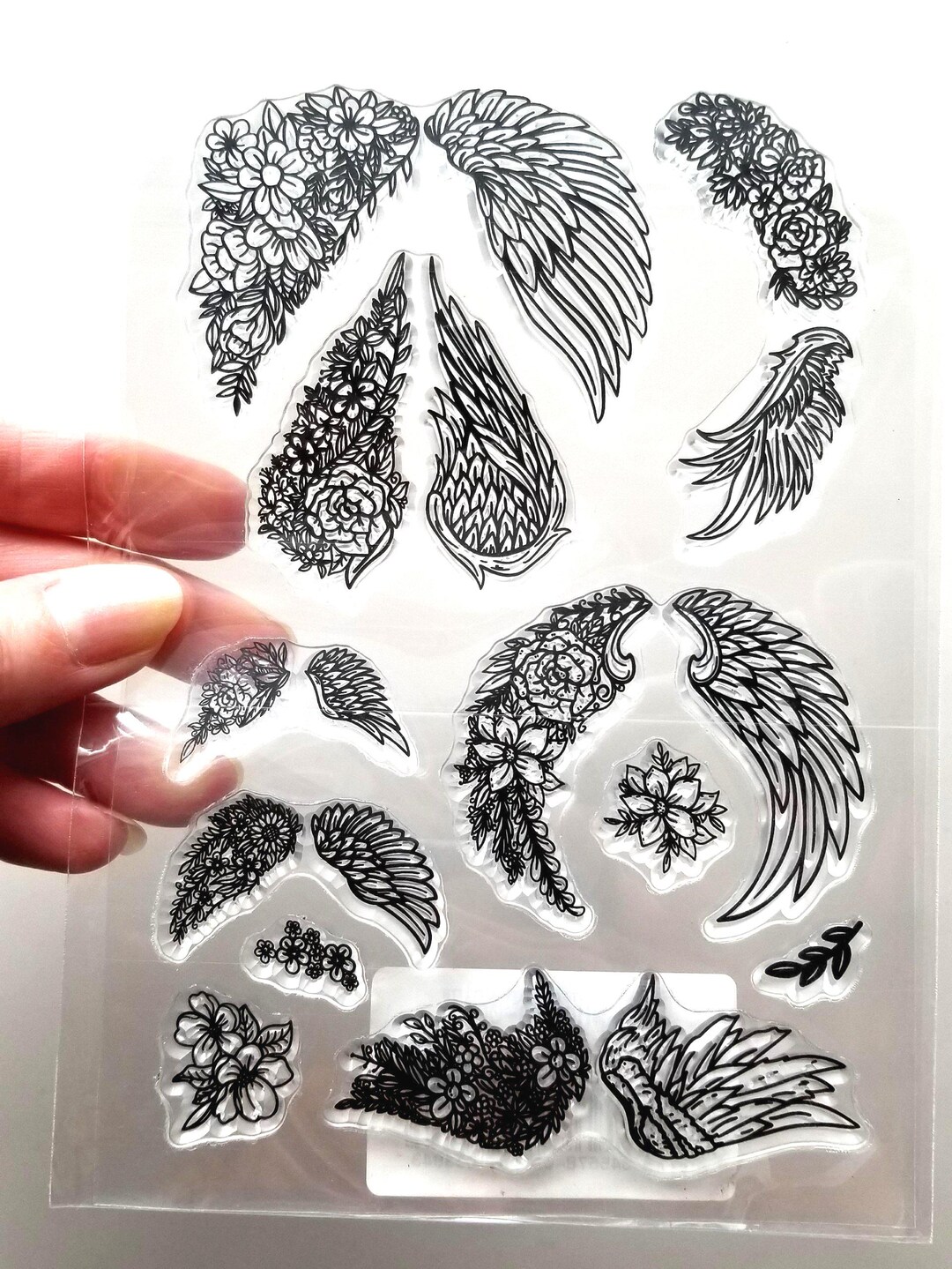 Clear Stamps ANGEL WINGS Flower Feathers Birds Rubber Stamping Card ...