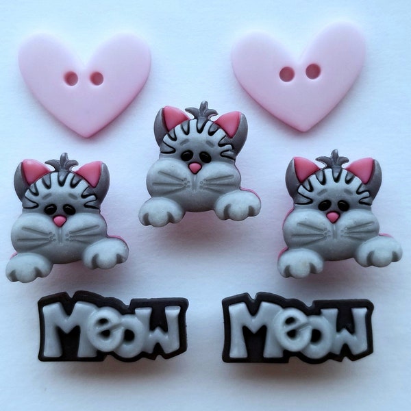 Craft Buttons PRECIOUS PAWS Cat Kitten Kitty Meow Grey Pink Heart Novelty Galore Sewing Jewellery Card Making