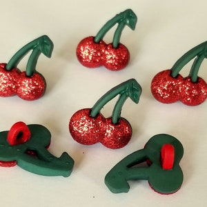 Craft Buttons GLITTER CHERRY Red Cherries Fruit Rockabilly Sewing Jewellery Card Making
