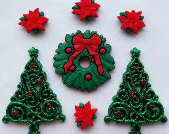 CHRISTMAS ELEGANCE Green Glitter Trees Wreath Poinsettias Dress It Up Craft Embellishments Card Making