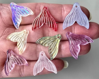 8 x Glass Craft Charms MERMAID FISH TAIL Spray Painted Tiny Pendants Jewellery Making Mini Hanging Tree Decorations Nautical Fairy Tale