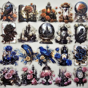 May include: A set of 16 gothic-themed stickers featuring images of ravens, roses, clocks, and other dark and whimsical elements. The stickers are perfect for adding a touch of gothic charm to journals, planners, laptops, and other surfaces.