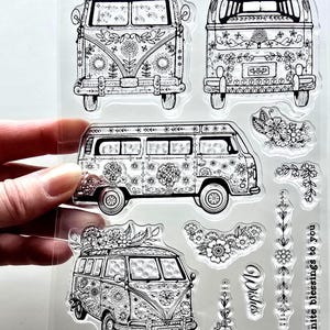 クリアスタンプ レトロ キャンピングカー ヒッピー キャンピングカー 1960年代 フラワーパワー ゴムスタンプ カード作り キャンプ ホリデー 旅行 交通 ヴィンテージ クラフト