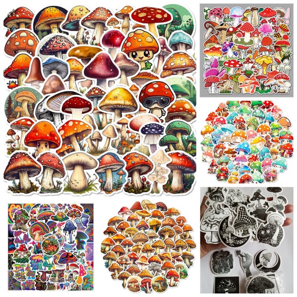 50 x MUSHROOM TOADSTOOL Vinyl PVC Stickers Scrapbooking Craft Card Making Party Bags Gift Tags Fairy House Whimsical Magic Forest Woodland