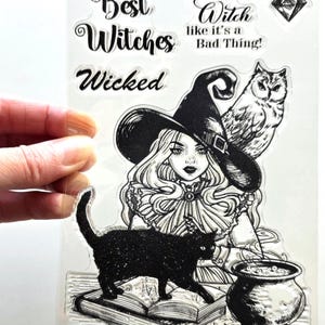 Tampons transparents WICKED WITCH, Halloween, estampage en caoutchouc, fabrication de cartes, meilleures sorcières, chat noir, chapeau, hibou, chaudron, sorcellerie, fille gothique, livre de sorts