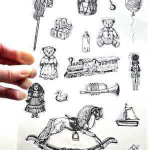 大きなクリアスタンプ ヴィンテージおもちゃ 人形 テディベア ゴムスタンプ カード作り スクラップブック作り 日記 ビクトリア朝 エドワード朝 クリスマス 子供