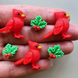 6 x dos plats en résine CARDINALS DE NOL oiseau rouge houx fabrication de cartes cabochons décoration miniature vacances festives hiver scrapbooking