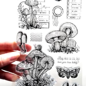 Tampons transparents IMPRESSION VINTAGE CHAMPIGNONS escargots escargots Estampage fabrication de cartes Scrapbooking Bois automne automne Sol forestier
