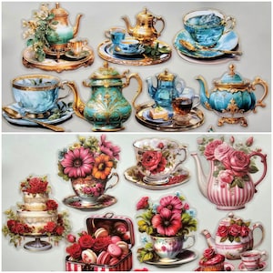 May include: A collection of vintage teacups, teapots, and saucers featuring floral and ornate designs. The teacups and saucers come in a variety of colours, including blue, green, pink, and white. The teapots are intricately detailed and decorated with flowers and gold accents.