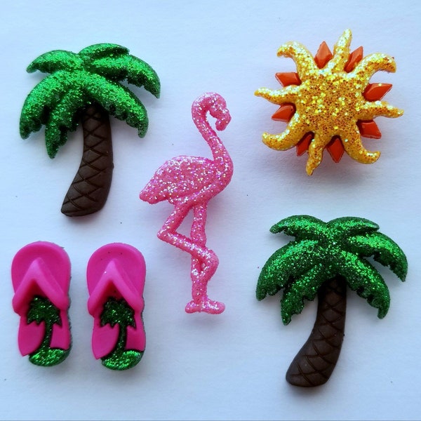 Dress It Up Craft Buttons SUMMER BLISS Glitter Pink Flamingo Palm Tree Flip Flop Sun Sunshine Tropical Island Sewing Card Jewellery Making