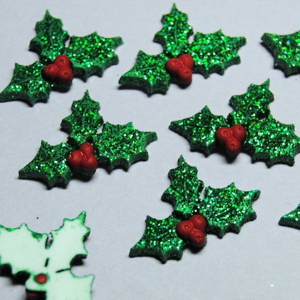 6 x GLITTER HOLLY Christmas Leaf Berries Plastic Dress It Up Craft Embellishments Cabochons Card Jewellery Making Crafts