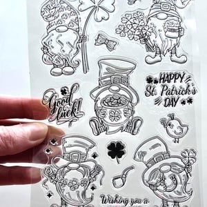 Tampons transparents LEPRECHAUNS IRLANDAIS Joyeuse Saint-Patrick Estampage fabrication de cartes Gnome Gonk Pot d'or Porte-bonheur Shamrock Chapeau Pipe Oiseau