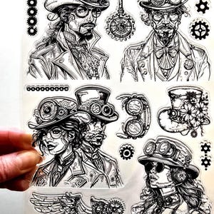 May include: Transparent sheet of steampunk-themed stickers with detailed black and white illustrations. Designs include portraits of people in goggles and top hats, gears, and wings. Suitable for crafting and scrapbooking.