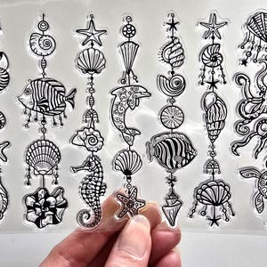 Clear Stamps HANGING SEASHELL DECORATIONS Sea Shell Rubber Stamping Card Making Fish Dolphin, Octopus Seahorse Starfish Turtle Seaside Beach