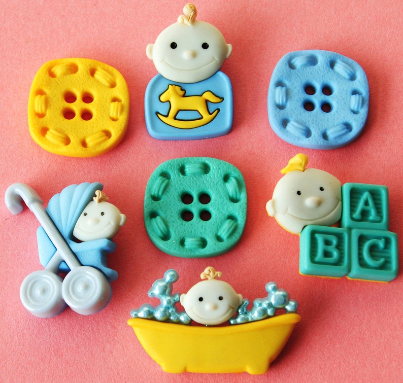 Dress It Up Craft Buttons BABY BOY Fun Pram Bib Bath ABC Blocks Face Blue Green Sewing Card Making image 1