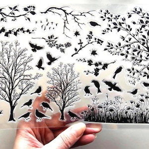 Large Clear Stamps SILHOUETTE TREES BIRDS Leaves Rubber Stamping Card Making Scrapbooking Journaling Leaf Bird Branch Nature Autumn Grass
