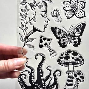 Tampons transparents WHIMSICAL WORLD champignon vénéneux poulpe papillon fleurs estampage fabrication de cartes Scrapbooking journalisation champignon Fantasy Girl