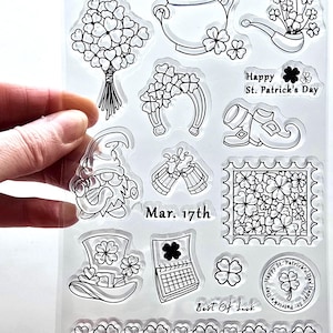 Clear Stamps PRETTY SHAMROCK Happy St Patrick's Day Rubber Stamping Card Making Flower Bouquet Pot of Gold Pipe Leprechaun Hat Gnome Beer