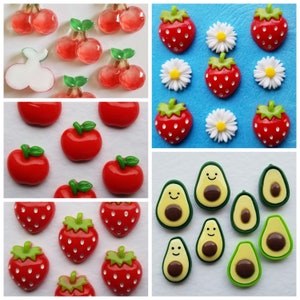 Fonds plats en résine FRUITS Cerise Fraise Avocat Poire Pomme rouge Marguerite Cabochons artisanaux Bijoux Fabrication de cartes Embellissements Cerises d'été