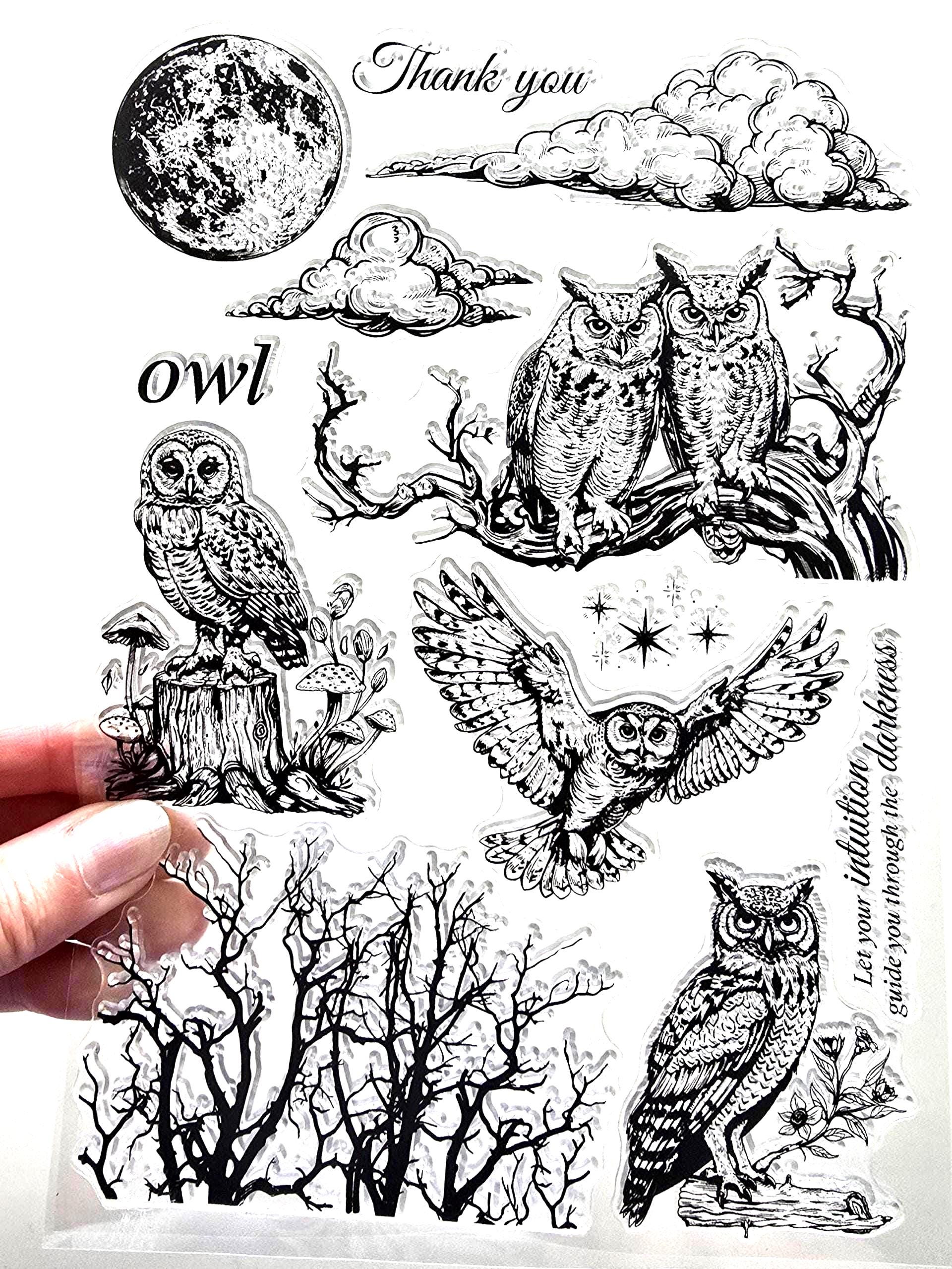 Large Clear Stamps REALISTIC OWLS Rubber Stamping Night Time Wise Bird Tree Branch Moon Cloud Card M