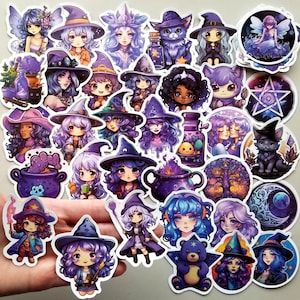 50 x かわいい紫色の魔女 ハロウィン マジック 防水 PVC ステッカー カード作り スクラップブック クラフト 魔術 ウィッカ 小さな女の子 女性