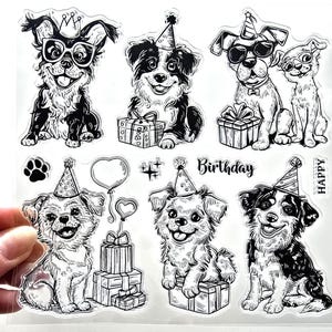 Tampons transparents FÊTE CHIENS Joyeux anniversaire Chiot Chien Estampage fabrication de cartes Scrapbooking Journalisation Journal Artisanat Chiot Coffret cadeau Patte