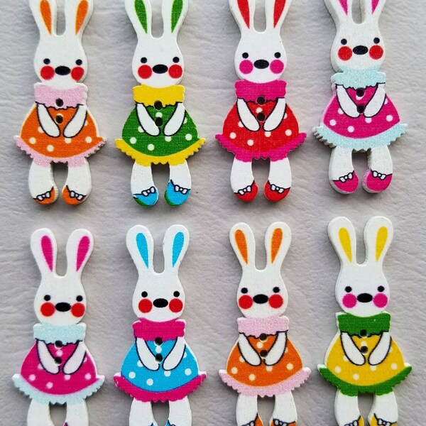 8 x PRETTY BUNNY GIRL Printed Wooden Craft Buttons Sewing Easter Rabbit Dress Card Making