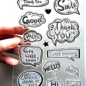 Tampons transparents SPEECH BUBBLES Sentiments Mots Citations Estampage Fabrication de cartes Scrapbooking Merci Sourire Guérir bientôt Je t'aime Bonjour