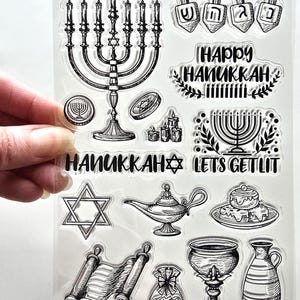Tampons transparents fête juive de hanoukka joyeuse menorah bougie estampage en caoutchouc fabrication de cartes gobelet étoile de David beignets israéliens pichet d'huile artisanat