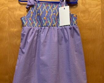 RTS size 24m/2T Custom Boutique sundress . Lavender  polkadot, streamers / hearts bodice