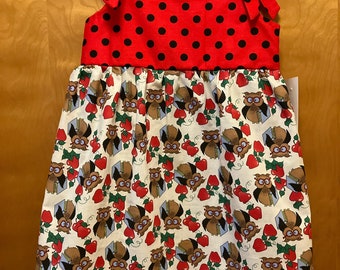 RTS size 4 Custom Boutique SUNDRESS Owls & Apples, back to school