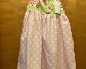 RTS size 6 Custom Boutique sundress . Lt. pink polkadot, green floral bodice