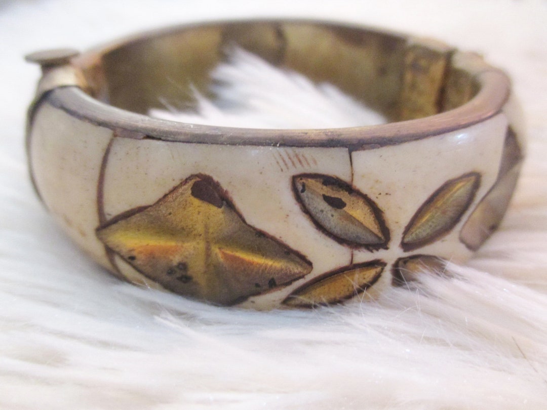 Vintage India Brass & Bone Bangle , Bone Bangle , Bone ,vintage Bone ...