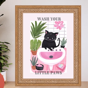Gato preto lave suas patas pôster decoração de banheiro impressão imagem animal arte de parede vintage banheiro decoração de casa - impressão digital