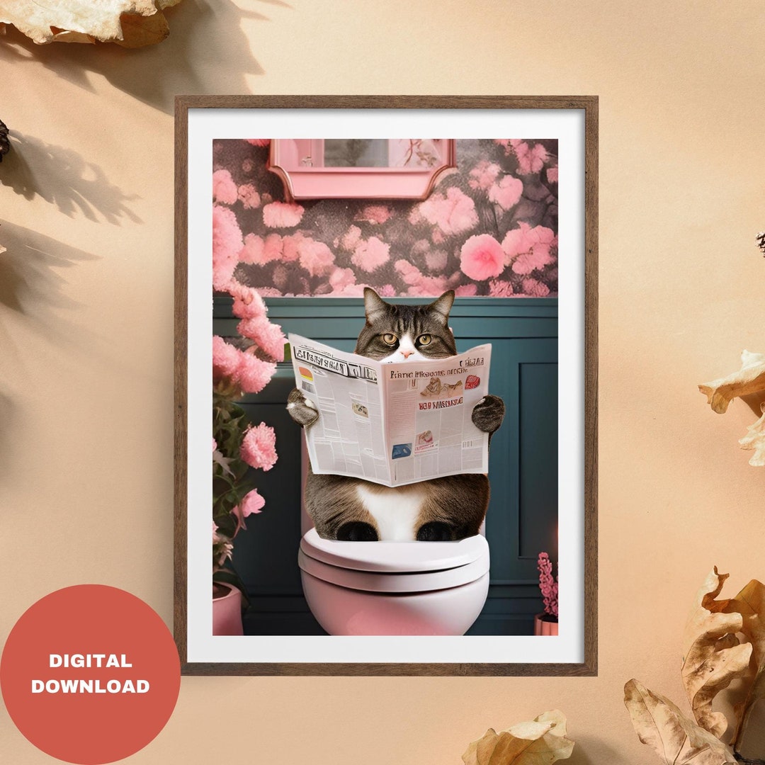 Tabby Cat on Toilet Bathroom Print Toilet Wall Art Funny Cat Poster ...