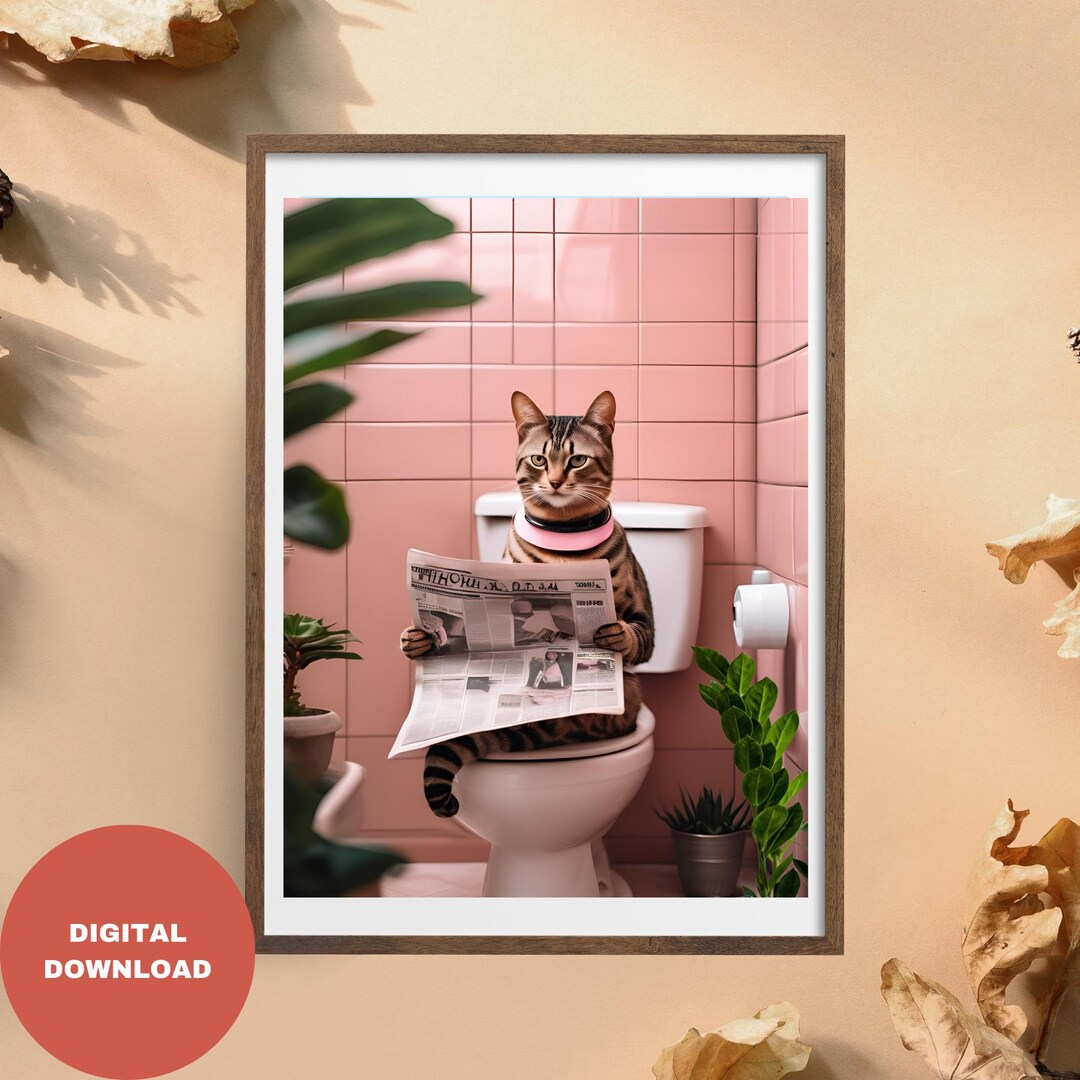 Bengal Cat on Toilet Bathroom Print Toilet Wall Art Funny Cat Poster ...