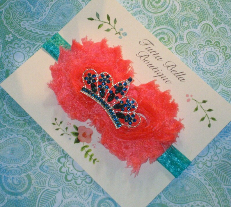 Princess Tiara Headband Coral and Aqua Headband Toddler Headband Baby Headband Newborn Headband Crystal Crown Headband Coral Headband
