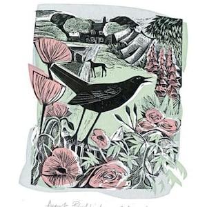 Cartão de felicitações em branco e envelope "August Blackbird" de Angela Harding
