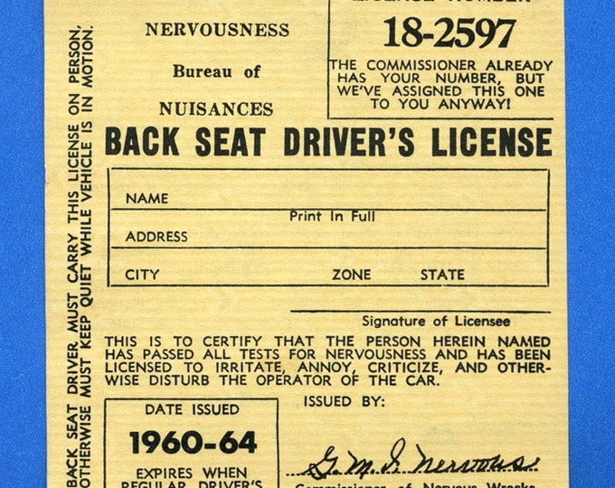 Vintage Back Seat Drivers License Joke 1960 Etsy
