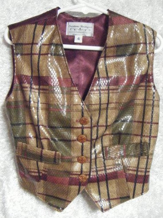 Plaid Saddleseat Vest, Burgundy Olive Brown