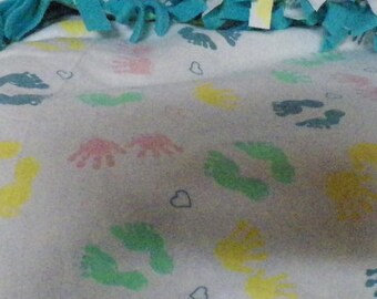 Flannel Fleece No Sew Tie Baby Blanket Baby Feet hands hearts